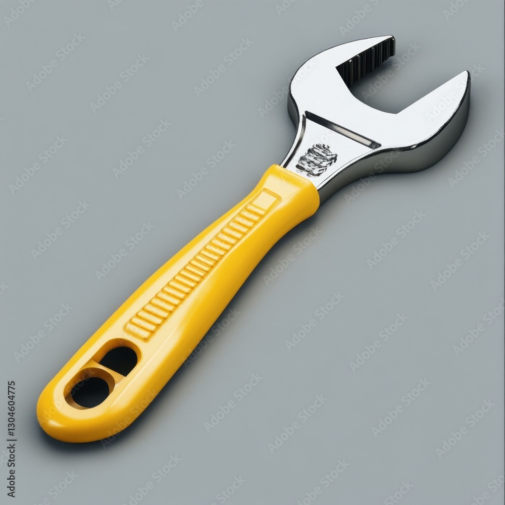 Yellow Handled Adjustable Wrench on a Light Gray Background for Home Repair and Professional Use Yellow Handled Adjustable Wrench on a Light Gray Background for Home Repair and Professional Use