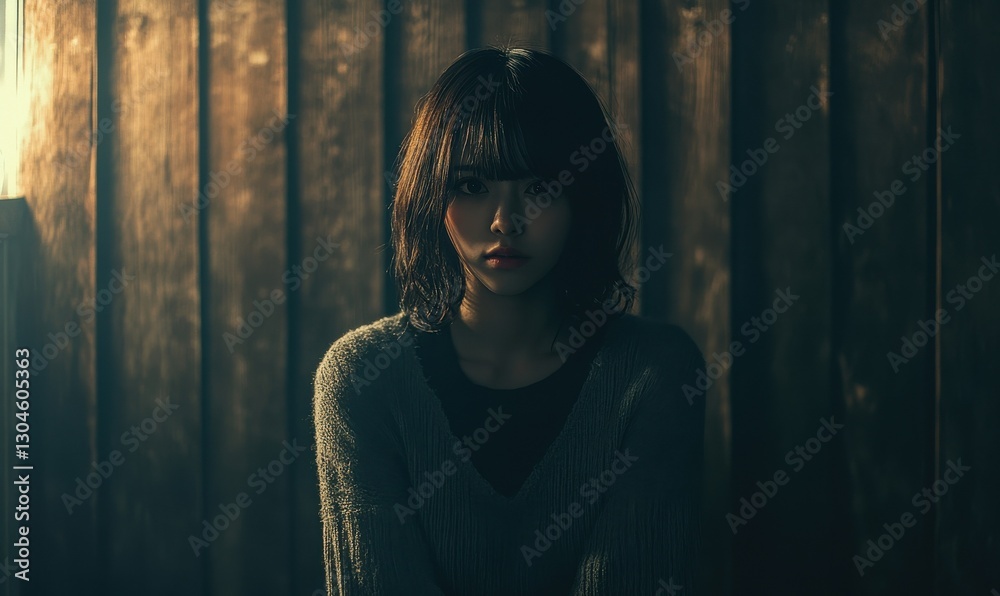 A person sits, dimly lit, against a wooden wall. A person sits, dimly lit, against a wooden wall.