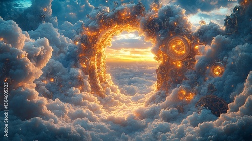 Surreal Cloudscape with Glowing Steampunk Portal at Sunset. A Dreamy, Magical, and Ethereal Fantasy Sky Scene.