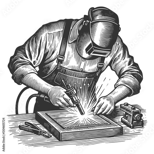 welder wearing a protective helmet and apron, skillfully using a welding torch with sparks flying sketch engraving generative ai vector illustration. Scratch board imitation. Black and white image.