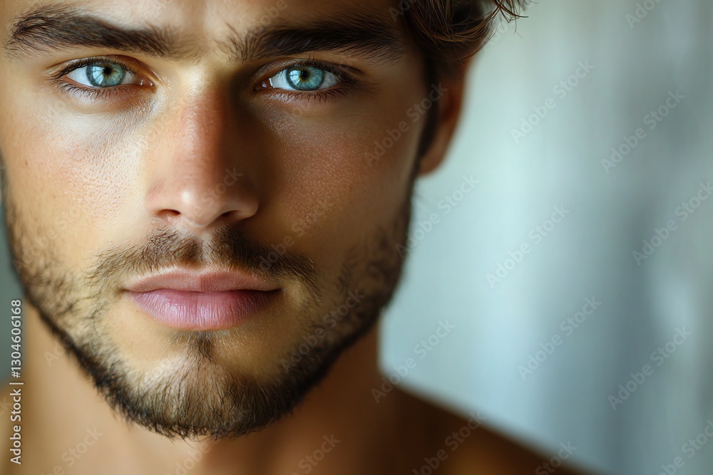 Obraz premium Close up portrait of handsome irish american man. Portrait of a man for skincare and beauty concepts. Handsome man with beauty face, facial skin portrait. Male healthy skin and spa concept