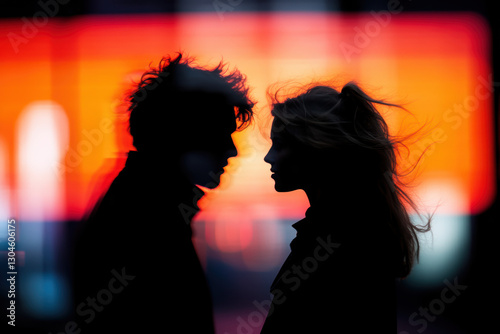 Couple en silhouette sous éclairage orange néon, intimité et tension palpable.