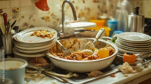 Chaotic Kitchen Sink Overflowing with Dirty Dishes and Food Waste