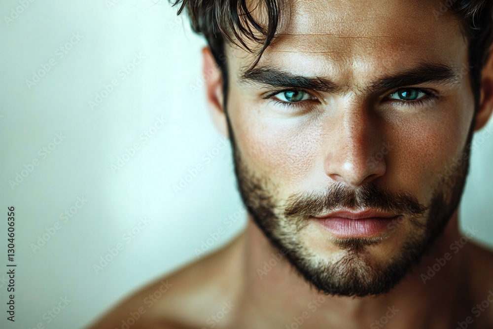 Fototapeta premium Close up portrait of handsome man. Portrait of shirtless man for skincare and beauty concepts. Handsome man with beauty face, facial skin portrait. Male healthy skin and spa concept