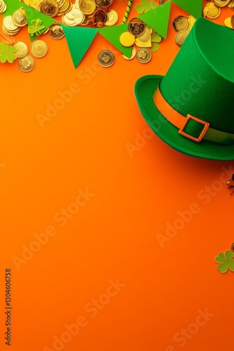 A St. Patrick's Day vertical banner features an orange background adorned with green glitter shamrocks, leprechaun hats, gold coins, a horseshoe, and green and orange bunting