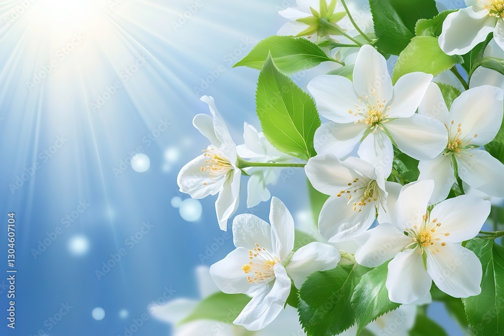 Obraz premium Spring Blossoms White Flowers, Sunbeams, and Blue Sky Background