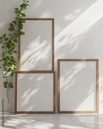 Mockup Three Wooden Frames, White Wall, Marble Floor, Sunlight Shadows, Plant