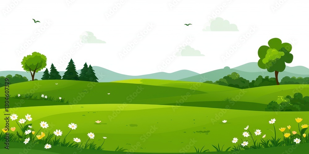 Fototapeta premium A serene, green landscape featuring rolling hills, trees, flowers, and a clear sky, perfect for nature lovers and outdoor enthusiasts.