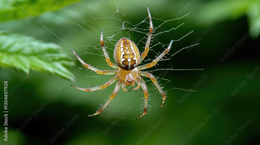 A spider diligently weaves its intricate web in the vibrant, lush green garden while basking in the warmth of a bright sunny day A spider diligently weaves its intricate web in the vibrant, lush green garden while basking in the warmth of a bright sunny day