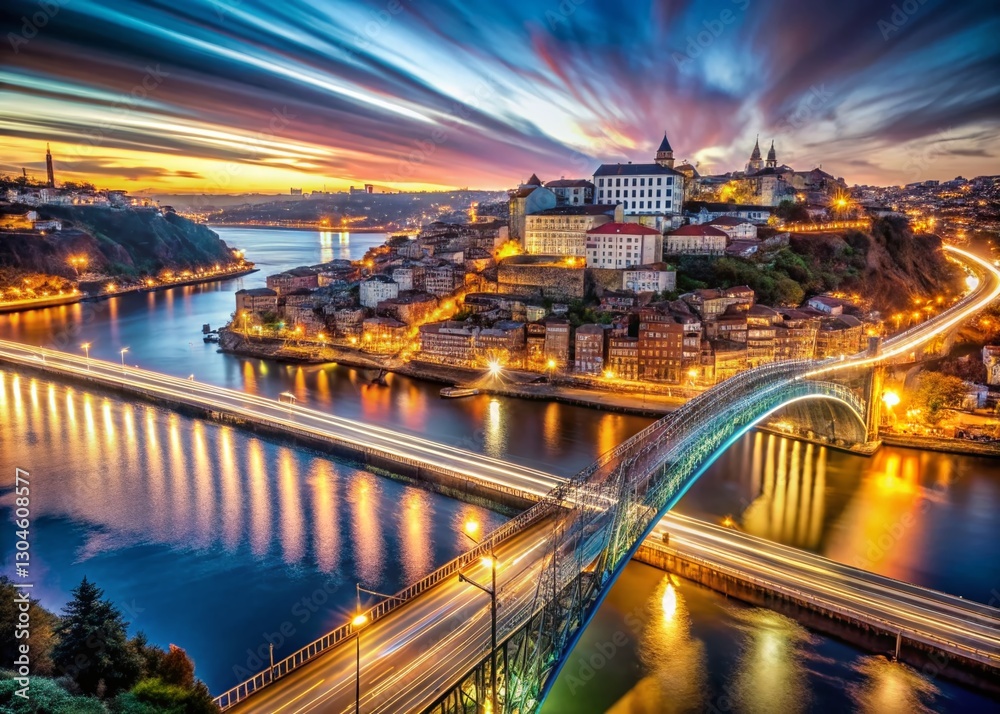 Fototapeta premium Long Exposure Night Photography of Porto, Portugal Modern City Map