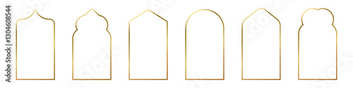 Set of golden gradient Islamic, arab line arch, frame vector icons