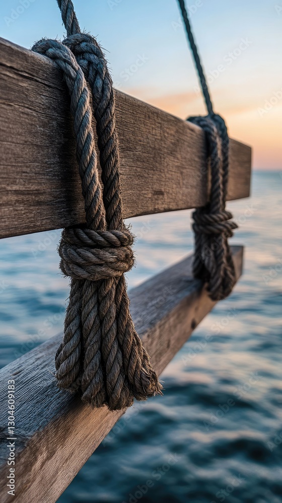 Fototapeta premium A charming wooden swing, securely tied with sturdy ropes, gently sways as it overlooks tranquil waters during a breathtaking sunset in a peaceful coastal environment