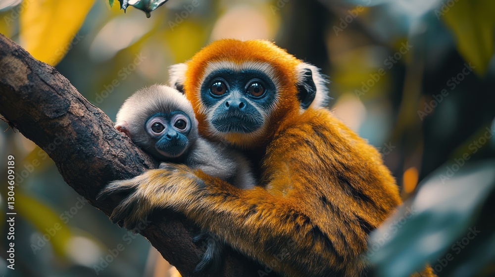 Obraz premium Golden Langur mother cradles baby in lush jungle