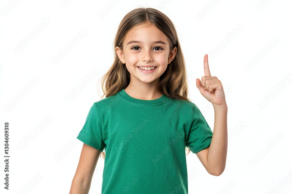 Young smiling happy woman wear green t-shirt casual clothes point index finger overhead indicate on empty blank area isolated on plain white background studio portrait. Lifestyle concept Young smiling happy woman wear green t-shirt casual clothes point index finger overhead indicate on empty blank area isolated on plain white background studio portrait. Lifestyle concept