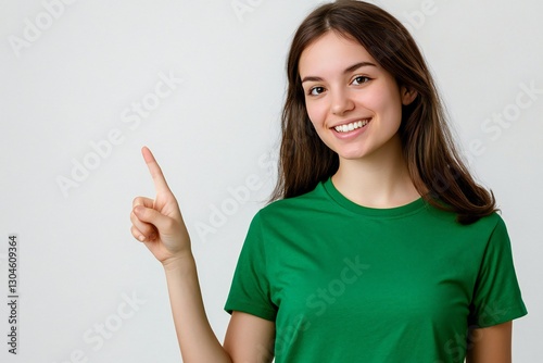 Young smiling happy woman wear green t-shirt casual clothes point index finger overhead indicate on empty blank area isolated on plain white background studio portrait. Lifestyle concept