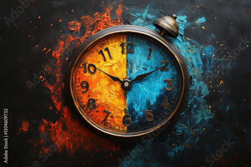 Wallpaper Mural Vintage Clock Face Decorated with Orange and Blue Paint Splatters on Black Background Torontodigital.ca