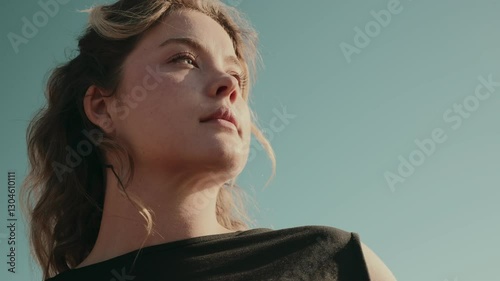 Low angle shot of a confident young woman looking up against a clear sky, exuding determination and strength.