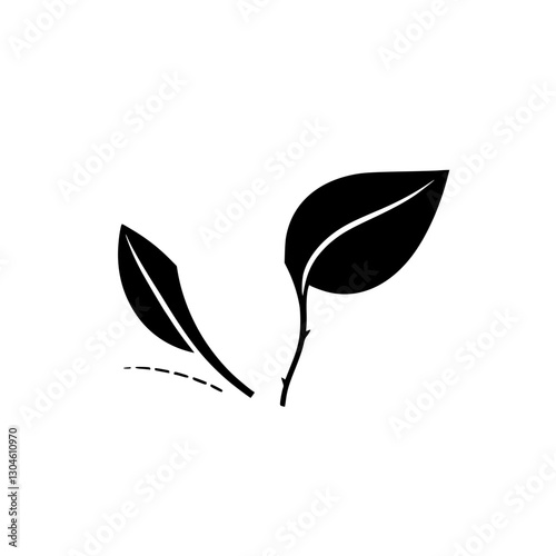 Minimalist Black Leaf Design: Isolated on White: Two leaves in a simplified, graphical style with clean lines and a minimalist feel.