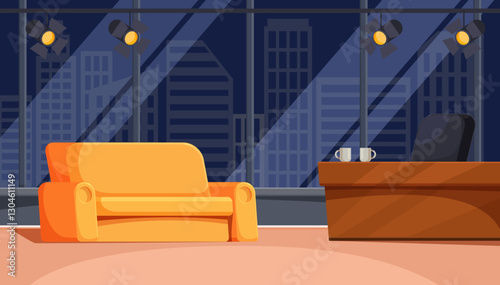 cartoon studio for talk show, vector illustration