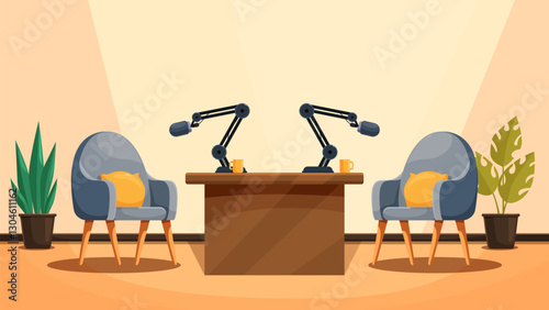 cartoon studio for podcast with furniture and microphones, vector illustration