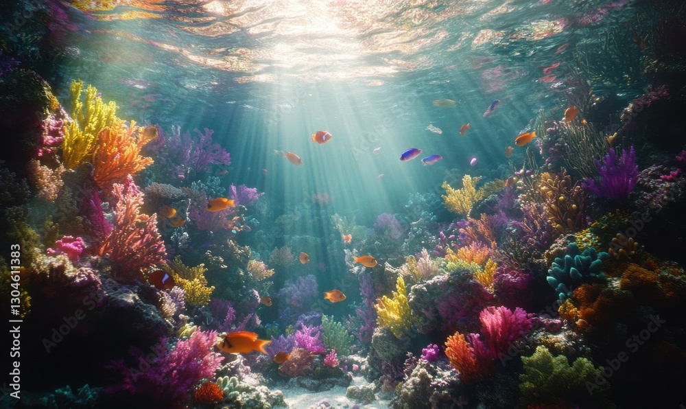 Fototapeta premium Vibrant coral reef teeming with colorful marine life, illuminated by sunlight streaming through crystal-clear water