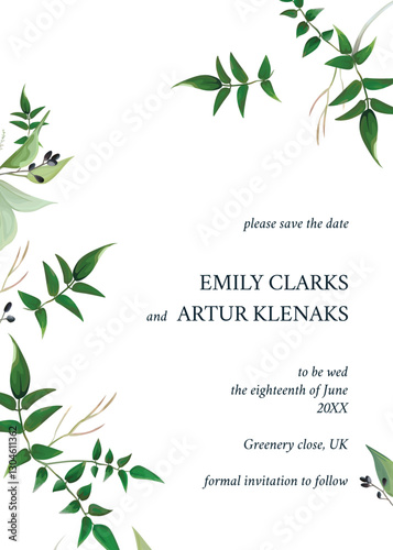 Greenery wedding invitation card: jasmine vines, leaves, green branches, berries. Floral, watercolor style, elegant rustic botanical vector art illustration. Editable party celebration template, frame