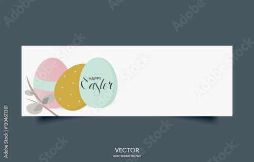 Minimalist Easter Banner with Colorful Eggs and Spring Branch. Vector