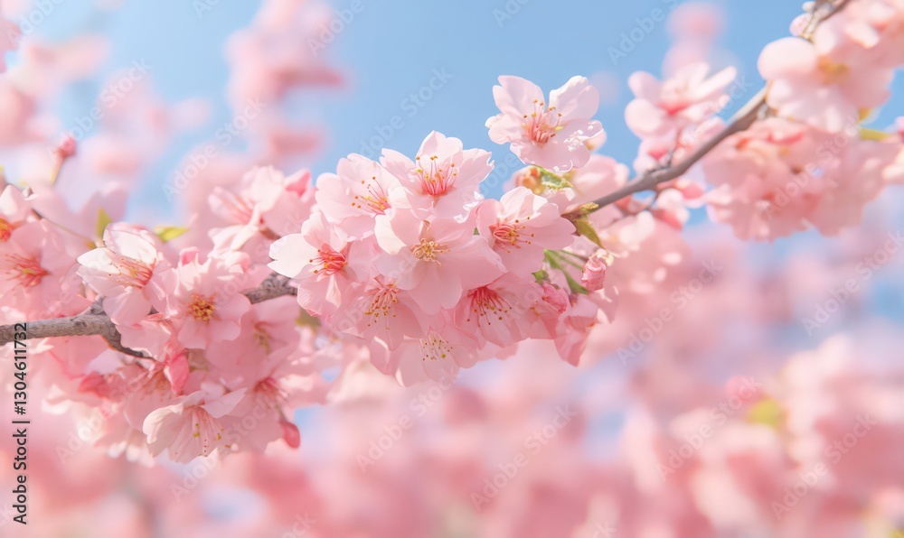 Delicate Pink Cherry Blossoms in Full Bloom Against a Soft Blue Sky Delicate Pink Cherry Blossoms in Full Bloom Against a Soft Blue Sky