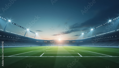 Empty soccer stadium illuminated at sunset before match
