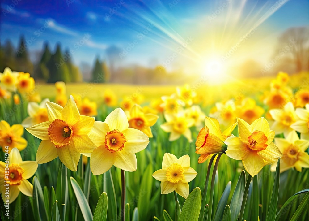 Fototapeta premium Sunlit daffodil field explodes with vibrant yellow blooms, a stunning spring floral spectacle.