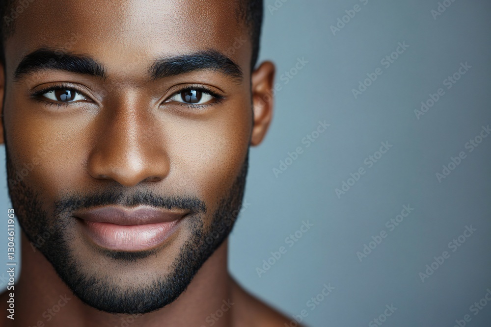 Close up portrait of handsome african american man. Portrait of a man for skincare and beauty concepts. Handsome man with beauty face, facial skin portrait. Male healthy skin and spa concept Close up portrait of handsome african american man. Portrait of a man for skincare and beauty concepts. Handsome man with beauty face, facial skin portrait. Male healthy skin and spa concept