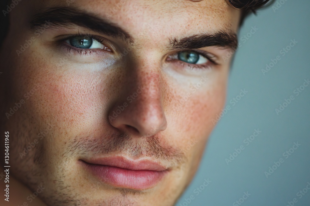 Obraz premium Close up portrait of handsome man. Portrait of shirtless man for skincare and beauty concepts. Handsome man with beauty face, facial skin portrait. Male healthy skin and spa concept