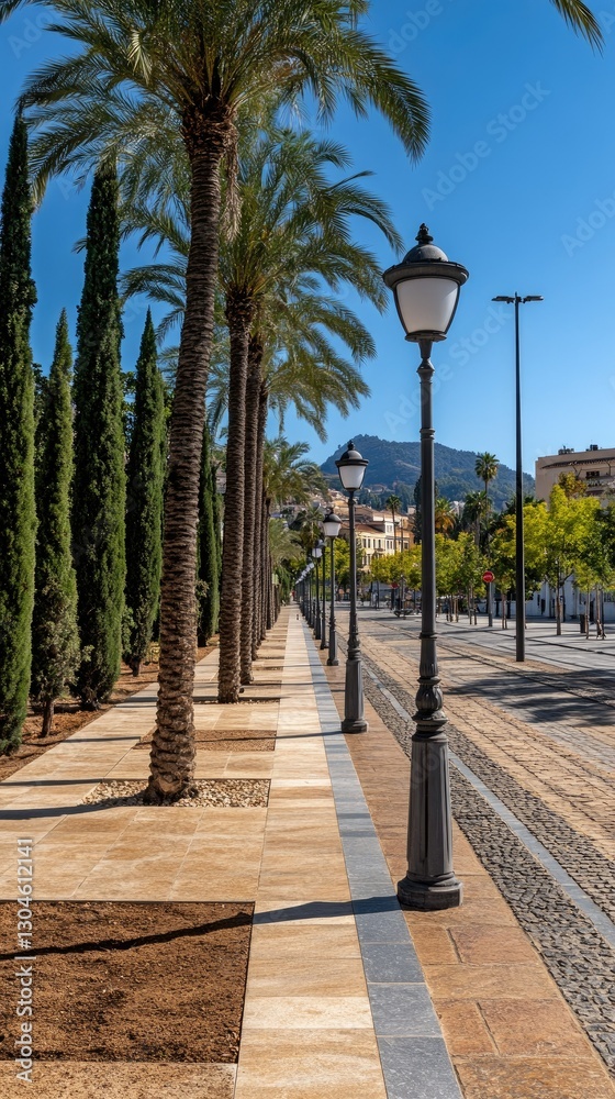 Obraz premium Lush palm trees beautifully lining the walkway of a sun-drenched city park, complemented by elegant street lamps under a clear blue sky