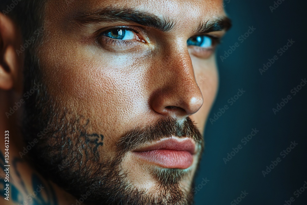 Fototapeta premium Close up portrait of handsome man. Portrait of shirtless man for skincare and beauty concepts. Handsome man with beauty face, facial skin portrait. Male healthy skin and spa concept