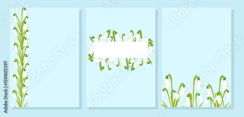 Snowdrops template set. Delicate white flowers with a minimalist, nature-inspired aesthetic. Ideal for organic products, packaging, invitations, and seasonal promotions