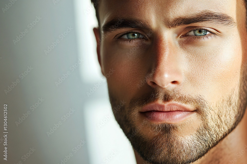 Fototapeta premium Close up portrait of handsome man. Portrait of shirtless man for skincare and beauty concepts. Handsome man with beauty face, facial skin portrait. Male healthy skin and spa concept