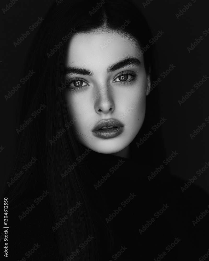 Black and white portrait of a young woman's face. the woman has long, straight hair that is styled in loose waves and falls over her shoulders. Black and white portrait of a young woman's face. the woman has long, straight hair that is styled in loose waves and falls over her shoulders.