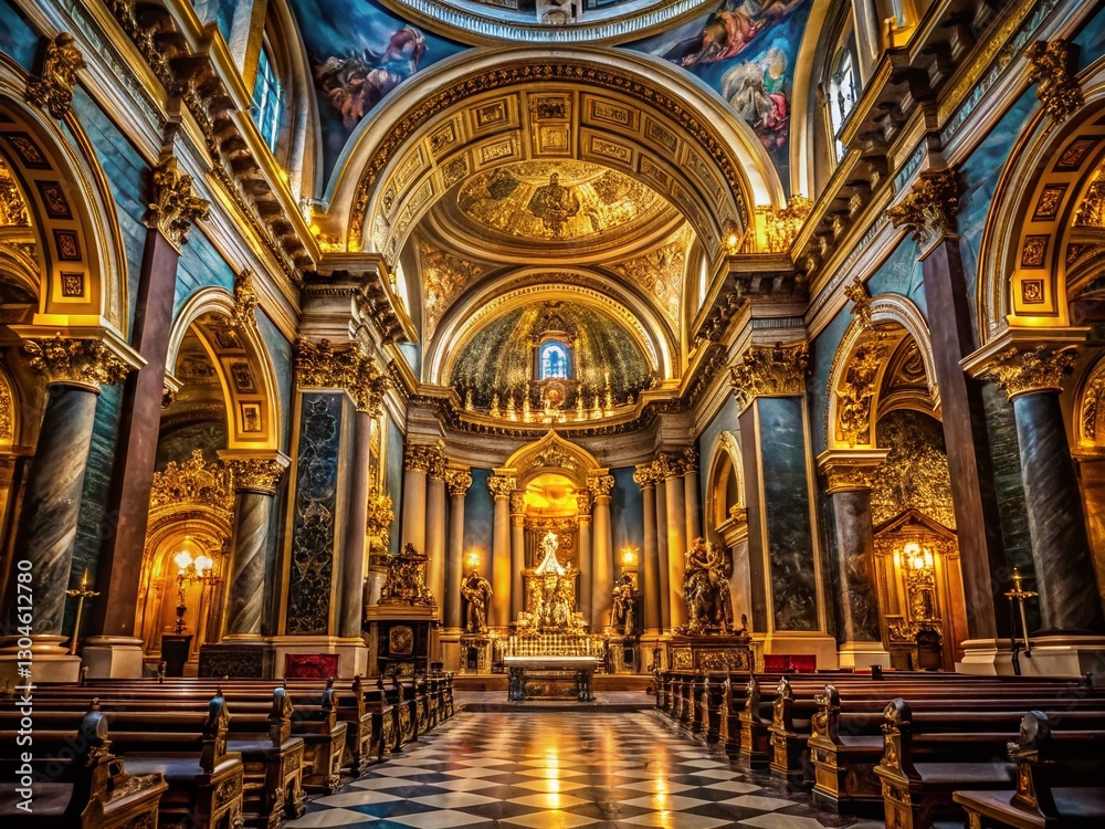 Fototapeta premium Low Light Cathedral Interior: Gilded Altar & Marble Columns Stock Photo