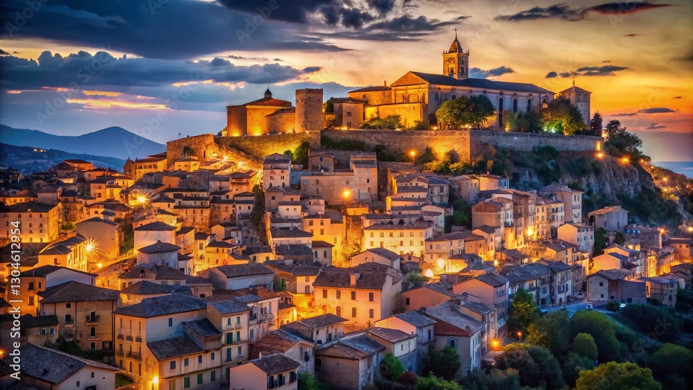 Fototapeta premium Low Light Cityscape: Penna d'Aquila's Night Charm, Illuminated Streets and Buildings