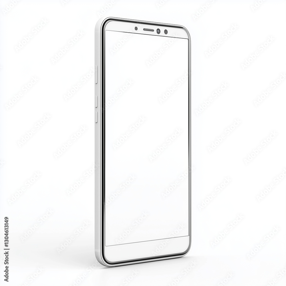 A sleek white smartphone with a high resolution screen on white background A sleek white smartphone with a high resolution screen on white background