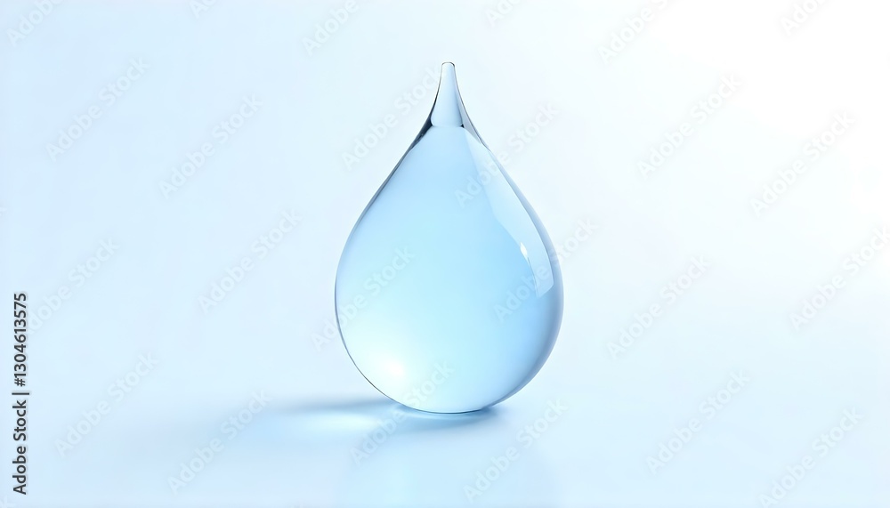A digital rendering of a single water droplet against a stark white background, the droplet is rendered with a high level of detail, showcasing its translucent nature and the way light refracts throug A digital rendering of a single water droplet against a stark white background, the droplet is rendered with a high level of detail, showcasing its translucent nature and the way light refracts throug