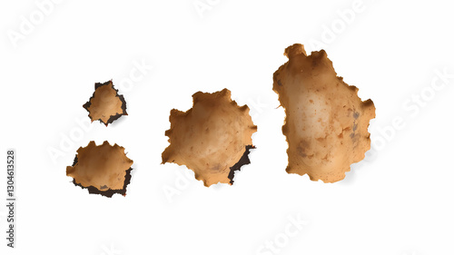 Scattered across a clean, white surface, the image features several brown, burned edges resembling fragments of eggshells or scorched paper, each possessing jagged, irregular shapes with blackened bor photo