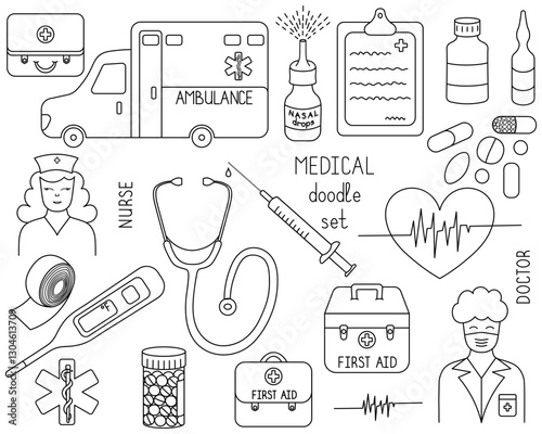 Medical doodle set. Sketch. Vector illustration. Doodle style. Outline on isolated white background. Coloring for kids. Ambulance, first aid kit, doctor, heart, star of life. Health theme. 