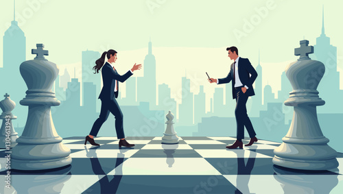Businessman and woman strategizing on a giant chessboard, representing business tactics and competition.