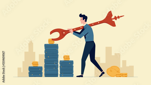 Businessman Managing Economic Crisis with Clamp to Overcome Financial Challenges