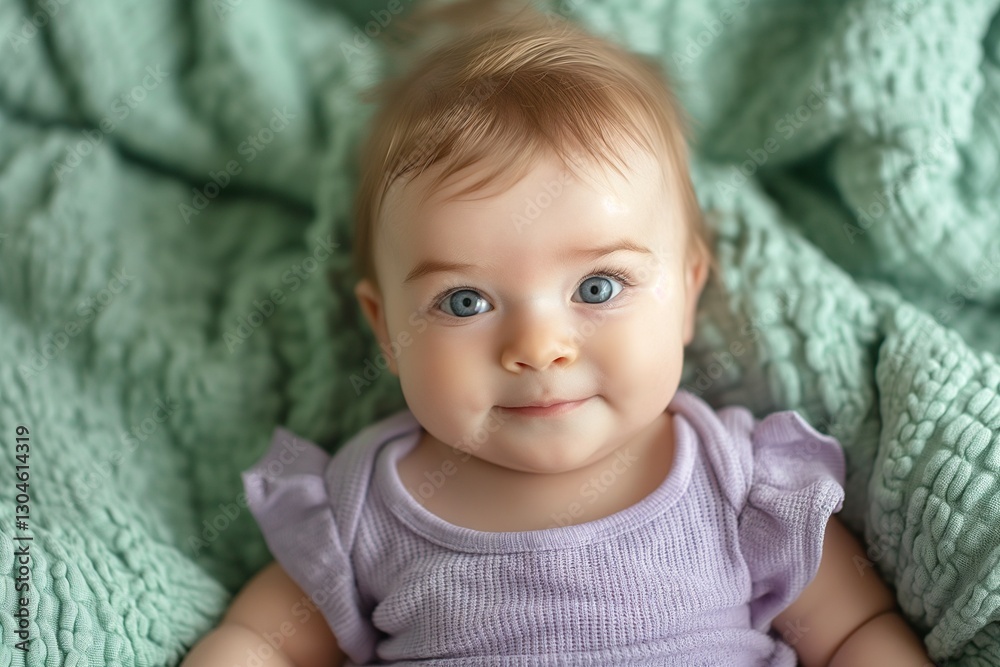 Adorable baby girl with bright blue eyes, smiling softly on a textured green blanket. Adorable baby girl with bright blue eyes, smiling softly on a textured green blanket.