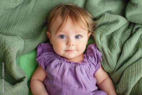 A sweet Caucasian baby girl in a purple dress, gazes curiously from beneath soft green blankets.