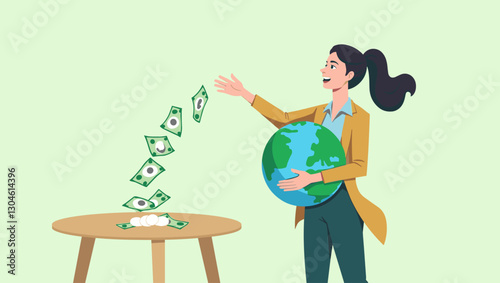 Businesswoman advocating for sustainability by holding a globe and discarding money, highlighting environmental responsibility