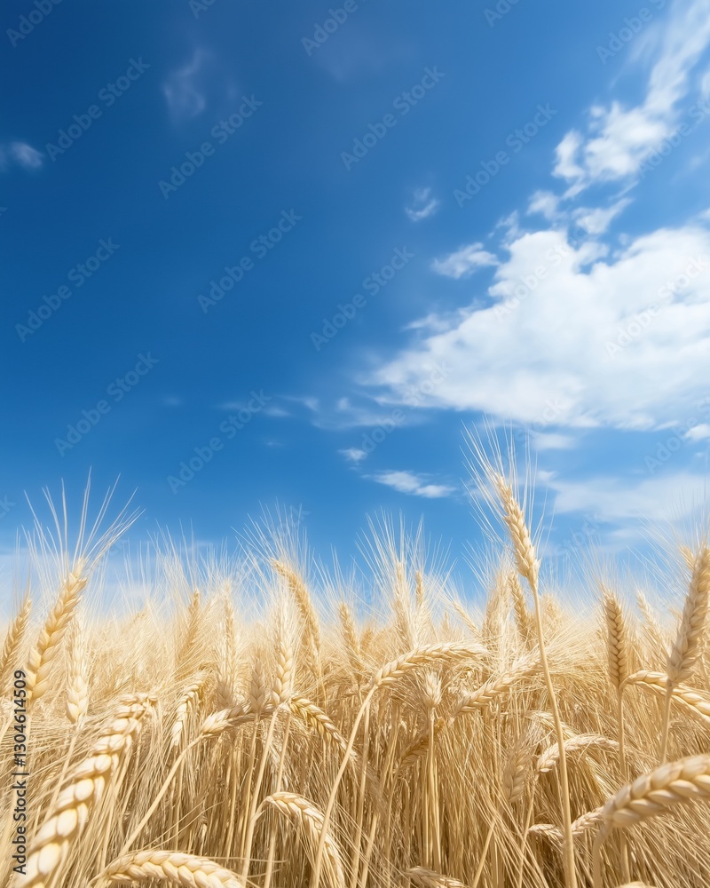 Landscape photograph of a field of ripe wheat. the sky is a bright blue with a few white clouds scattered across it. the wheat is golden yellow and appears to be ready for harvest. Landscape photograph of a field of ripe wheat. the sky is a bright blue with a few white clouds scattered across it. the wheat is golden yellow and appears to be ready for harvest.