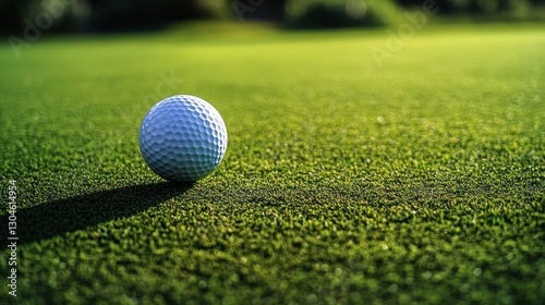 A pristine white golf ball, poised for launch, rests on a tee, its shadow cast against a verdant fairway, a minimalist design highlighting the sport is core elements and capturing the essence of golf.